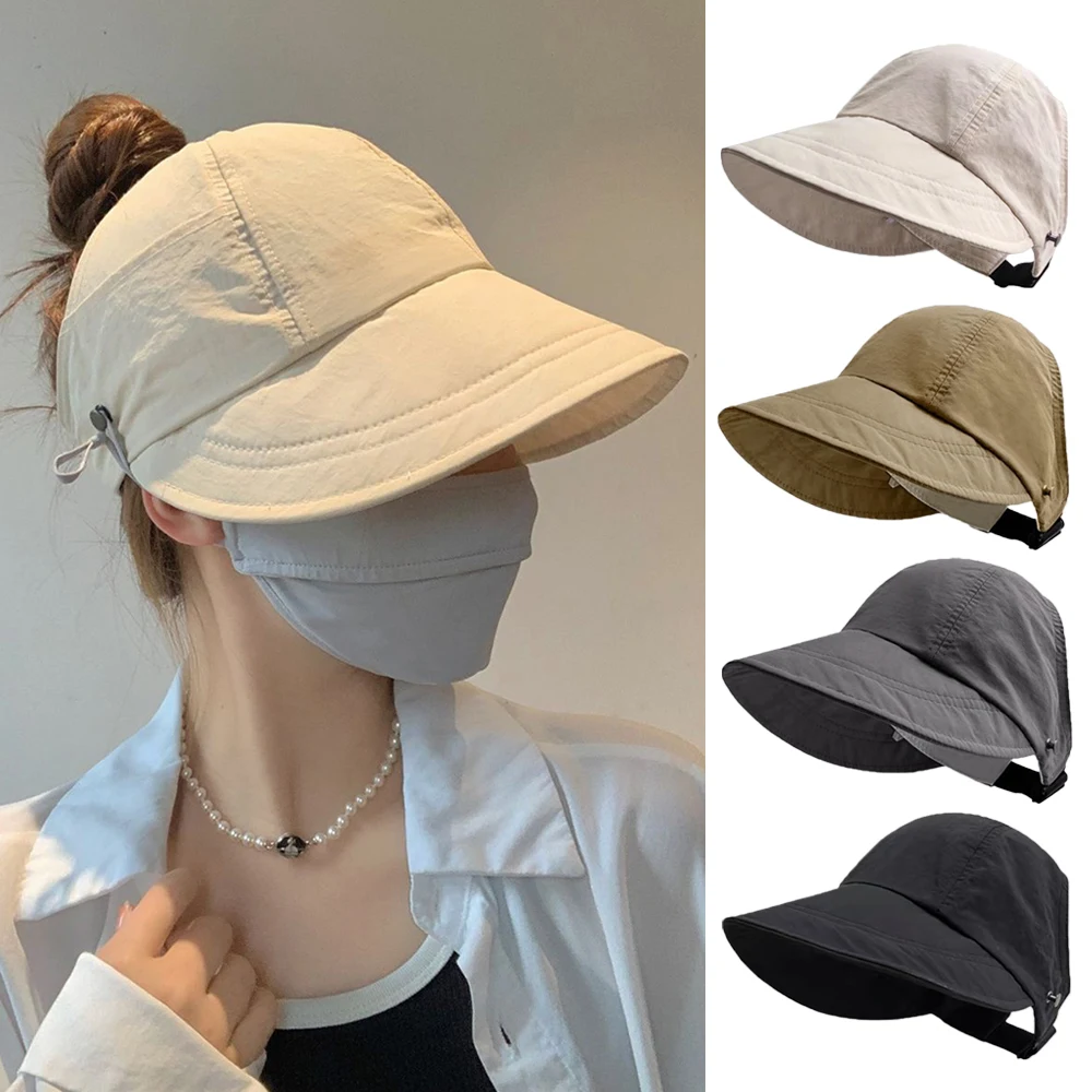 

New Summer Wide Brim Sunhat Solid Sun Visor Hat Beach Womens Travel Bonnet UV Protection Ponytail Baseball Cap Fisherman Hats