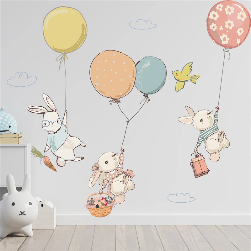 Cartoon Rabbit Hanging On Balloon Wall Stickers For Home Decoration Funny Animal Mural Art Diy Kids Bedroom Decals Pvc Posters cartoon disney sofia princess castle wall stickers for kids rooms home decor diy anime wall decals pvc poster diy mural art