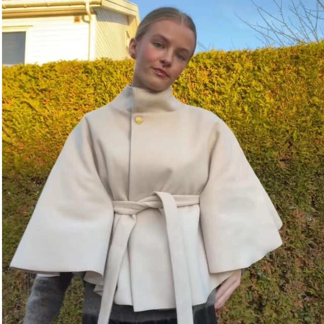 PRINTKAOIR Women's Poncho Coats Vintage Stand Collar Belt Button Lace Up Full Sleeve Overcoat Female Autumn New Lady Streetwears 4