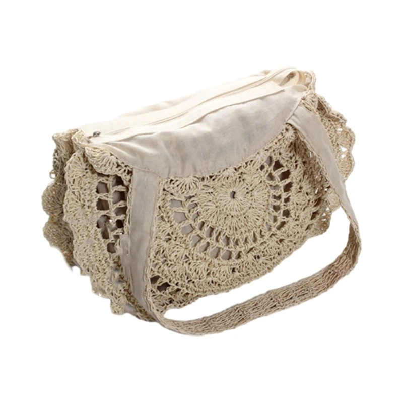 Crochet Knitted Beach Bag for Girl Women Solid Color Versatile Woven Handbags E74B