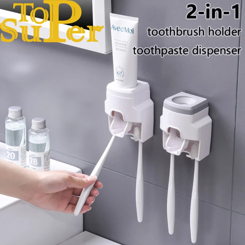 Toothbrush Holder Set Toothpaste Dispenser Wall Mount Stand Bathroom Accessories Set Rolling Automatic Squeezer Family Hygienic toothpaste squeezer toothbrush holder toothpaste dispenser