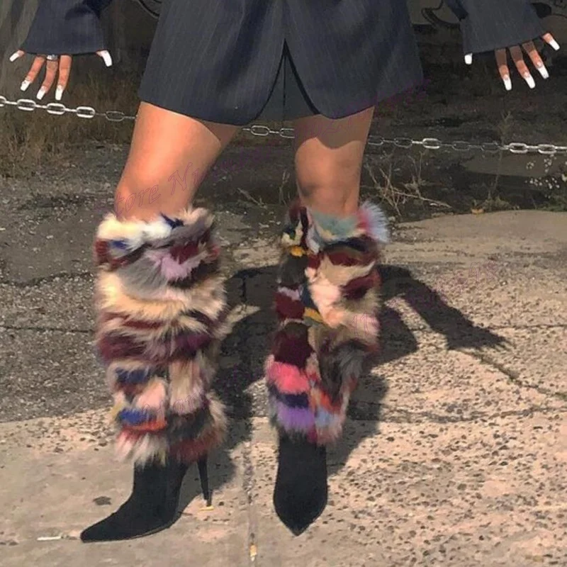 

Multicolor Fluffy Decor Knee High Boots Matte Leather Pointed Toe Shoes for Women Thin High Heels Shoes 2024 Zapatos Para Mujere
