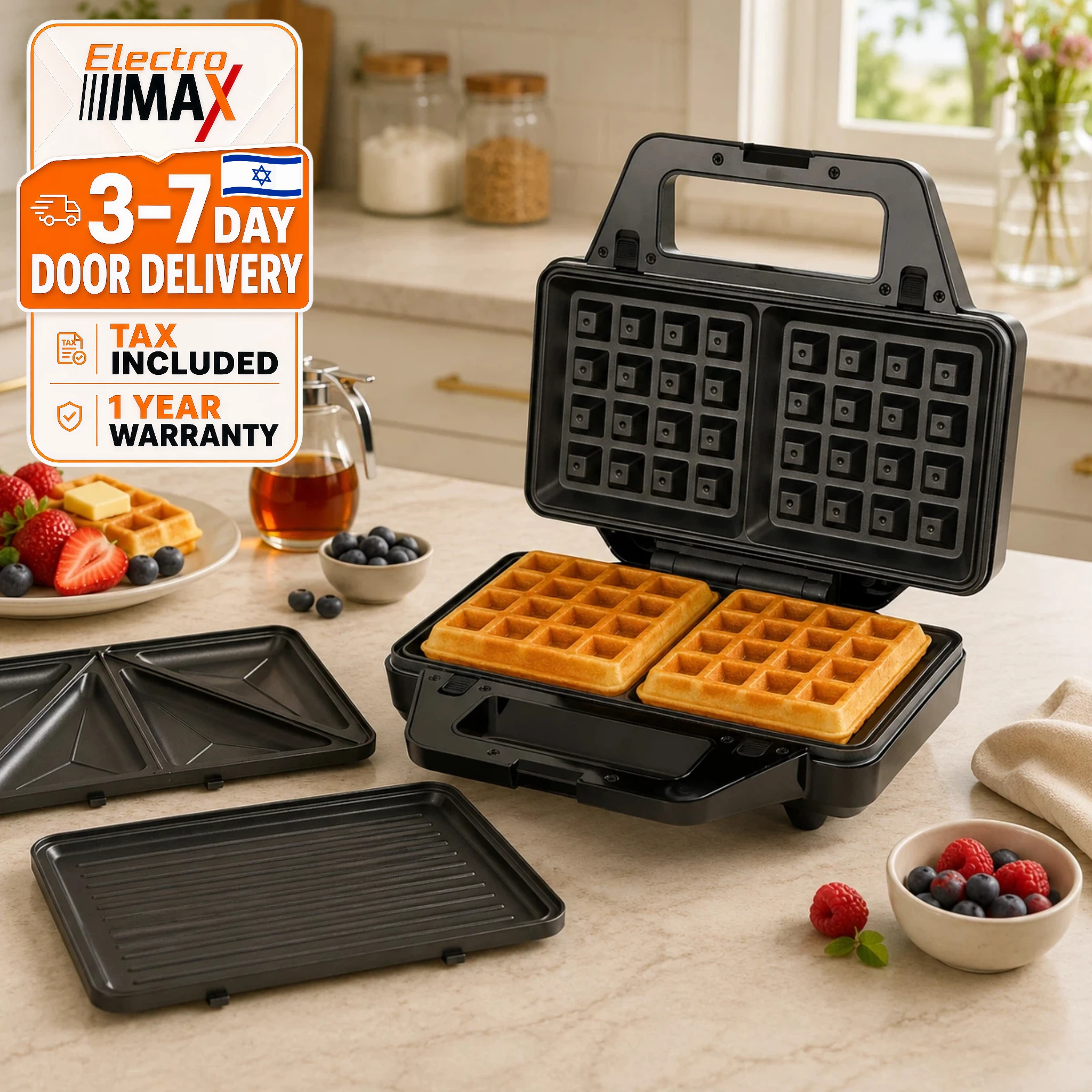 Electro MAX 1000W 3-in-1 Sandwichmaker mit abnehmbaren Antihaftplatten, Waffeleisen, Panini-Presse, Kontaktgrill, tragbarer Toast- und Frühstücksbäcker, Kuchen- und Eiergrillplatte, multifunktionales Kochgerät, lokales Israel-Lager, schneller Versand
