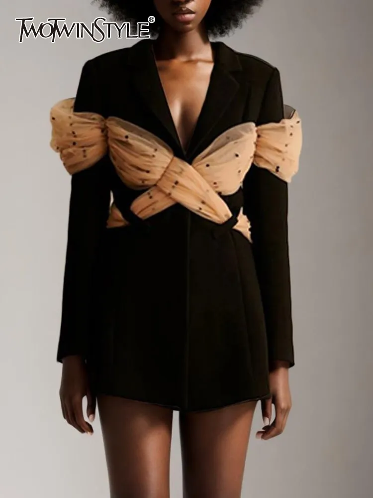 TWOTWINSTYLE Colorblock Elegant Blazers For Women Notched Collar Long Sleeve Patchwork Bowknot Casual Blazer Female Fashion New