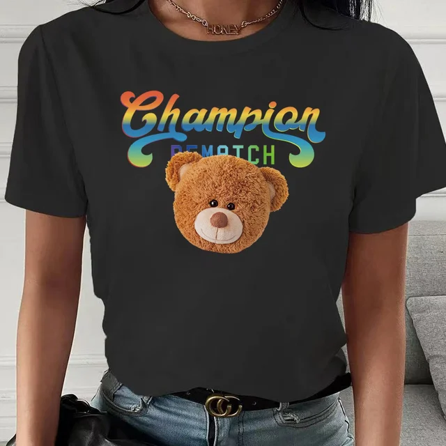 Fashion Bear Print Women T-Shirt Harajuku Round Neck Casual Loose Short Sleeve Summer Slim Soft Tops Clothing Hip Hop Streetwear 2bear005