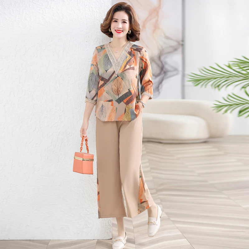 Casual-Fashion-Print-Sets-Summer-2024-V-Neck-Half-Sleeve-Tops-Elastic ...