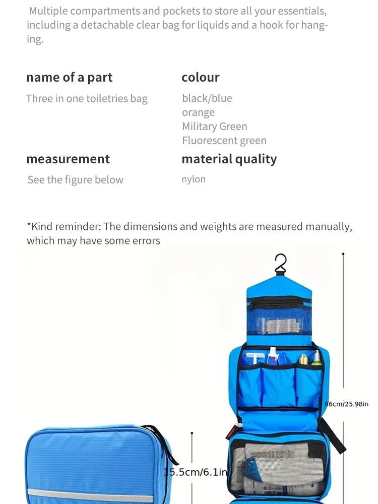Description Picture 4 of item1Pc Three in One Travel Wash Bag Portable Hanging Storage Bag Nylon Waterproof Dry Wet Separation Cosmetic Wash Supplies Storage