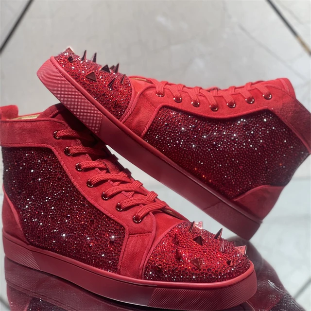 Fashion Brand Rhinestone Crystal Leather Red Bottoms High Tops Rivets Shoes  For Men Casual Flats Loafers Women's Spiked Sneakers