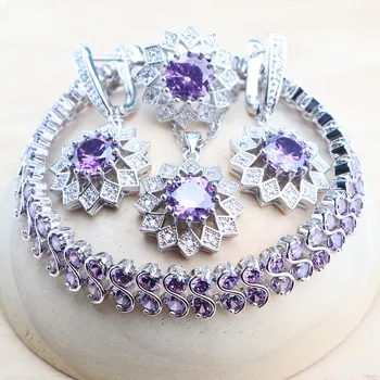 Wedding Silver 925 Jewelry Sets Bracelets Rings Earrings Pendant Purple Cubic Zirconia Necklace For Women Bridal Set Jewelry 1