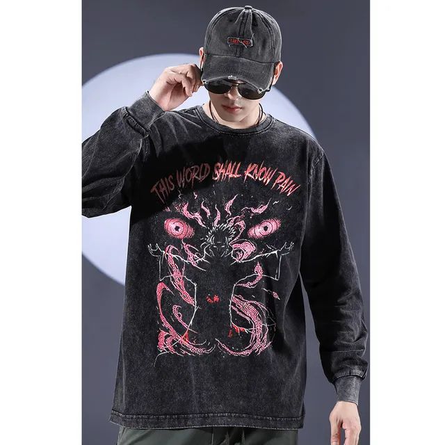 black source Anime Pain Printed T Shirt Men Retro Washed 100% Cotton Tops Tees Harajuku Tshirt Streetwear Hip Hop Male T-shirts 6