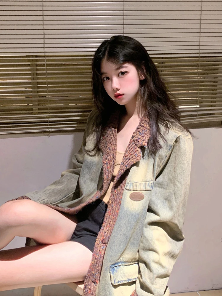 아메리칸 스타일 빈티지 데님 자켓 여성 봄 가을 특대 패치 워크 디자인 감각 틈새 카디건 자켓