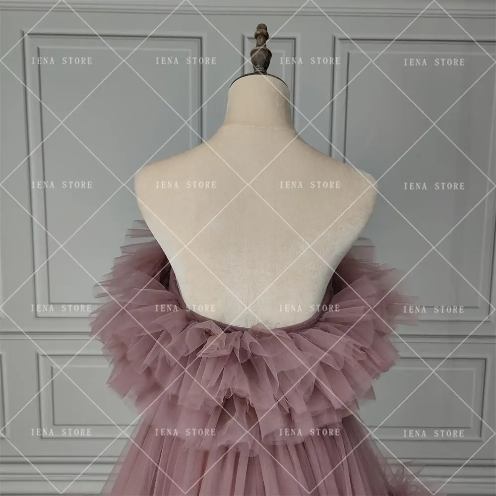 14064#IENA Elegant Mist Purple Maxi Tulle Strapless Tiered Short Front Long Back Girl Evening Party Dresses Gown for Prom Gown