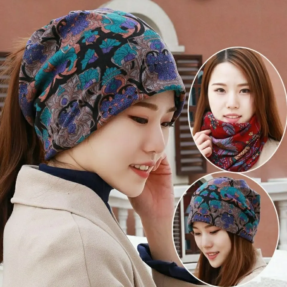 Fashion Double Used Women Warm Floral Beanies Skullies For Female Casual Soft Cotton Bonnet Scarf Hip Hop Girls Dance Gorras