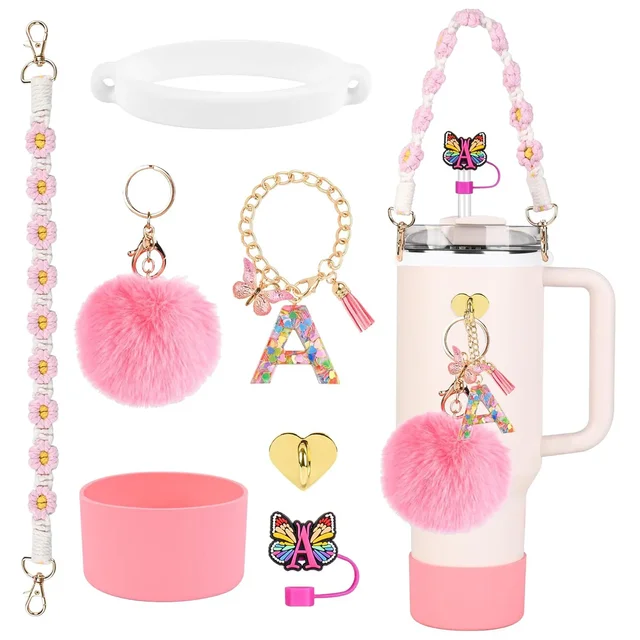 7pcs Accessories Set for Stanley Cup 30oz 40oz Tumbler Silicone Straw Cover Cap Water Bottle Handle Strap Letters Keychain Charm