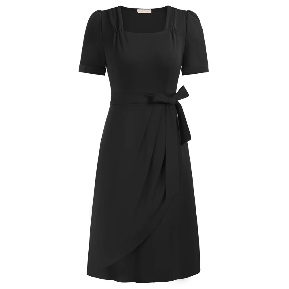 

BP Women Vintage Square Neck Dress With Belt Short Sleeve Defined Waist A-Line Dress Summer Ruched Wrap Party Cocktail Dresses