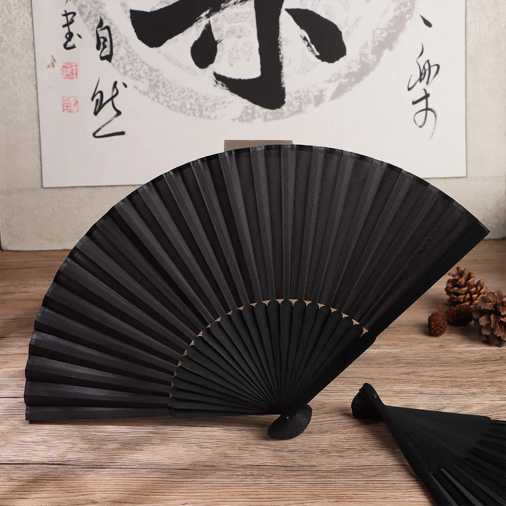 8.27"(21cm) Black Silk Folding Fan Chinese Style Hand Held Bamboo Fans Ribs Home Party Decoration Dance Props Desktop Ornament