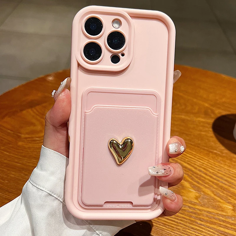 Gold Love Heart 3D Wallet Phone Case with Silicone Soft Cover
