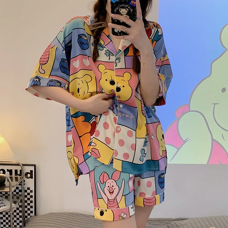 Kawaii Mickey Mouse Anime Goods Pooh Bear Stitch Summer Shorts Thin Puzzle Loungewear Set Ladies Pajamas Gift for Girlfriend