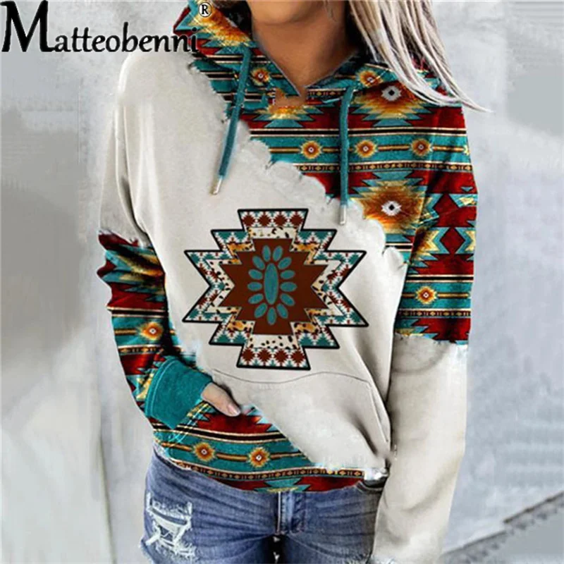 Women Vintage Boho Printed Hooded Sweatshirt 2021 Autumn Female Long Sleeve Drawstring Casual Loose Hoodies Pullover