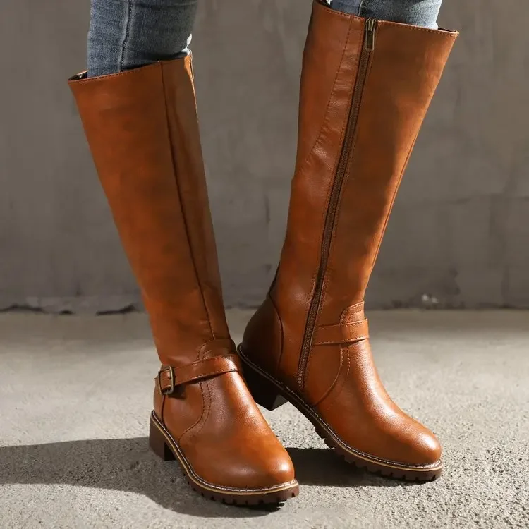 

Women Straight Boots Vintage Leather Long Knight Boot Square Heel Knee High Boot Buckle Zipper British Style Winter Female Shoes