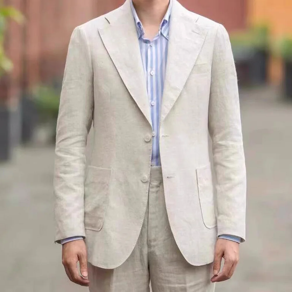 Blazer Men Summer Fashion Notch Lapel Two Buttons Thin Linen Suit Slim Fit Beach Casual Daily Wedding Tuxedo 1 Piece