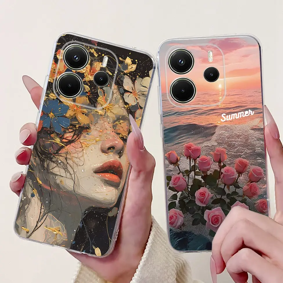Clear Aesthetic Luxury Cute Cat & Floral Painted Soft Phone Case Cover