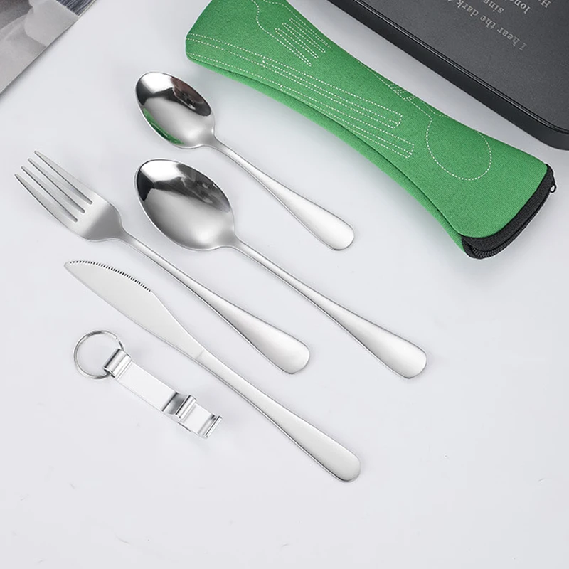 

5Pcs/set Steel Knife Fork Spoon Cutlery Set Family Travel Cutlery Portable Dinnerware With Storage Bag Picnic Cutlery Tableware