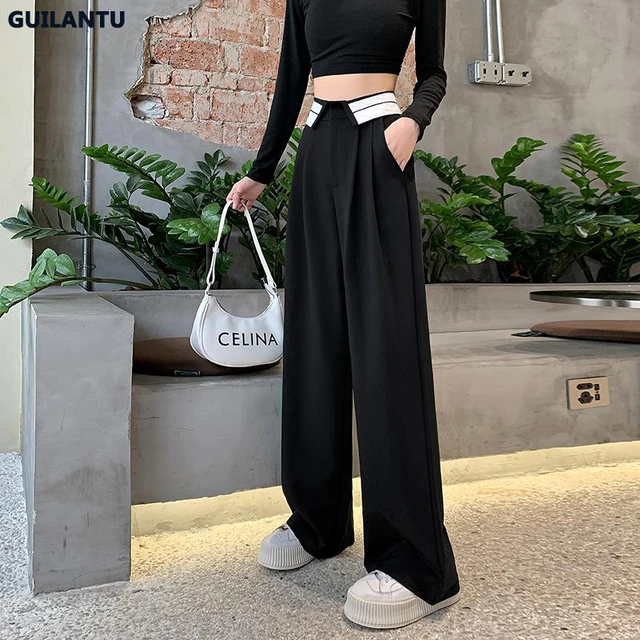 Pantalones de traje negros informales para mujer, pantalones de pierna  ancha de cintura alta con bolsillo, elegantes, de oficina, Vintage, otoño -  AliExpress