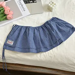 Korean Retro Plaid Double - Layer Lace - Up Cotton Skirt (1)