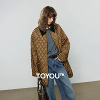 TOYOUTH femmes coton veste 2025 hiver nouveau luxe rétro diamant grille vêtements de travail grande poche mi-longue veste marron 1