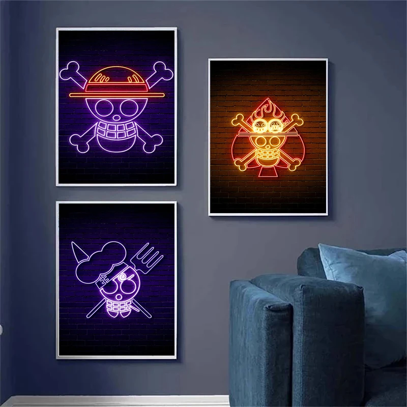 One Piece Neon Skull Corsair Logo Canvas Painting Posters Prints Anime Wall Art Pictures Decor for Living Room Home | Дом и сад