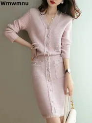 Elegant Tassel Knitwear Skirt 2 Piece Set Women Slim Chic V-neck Tops Conjuntos Korean Pretty Knee-length Faldas Conjuntos