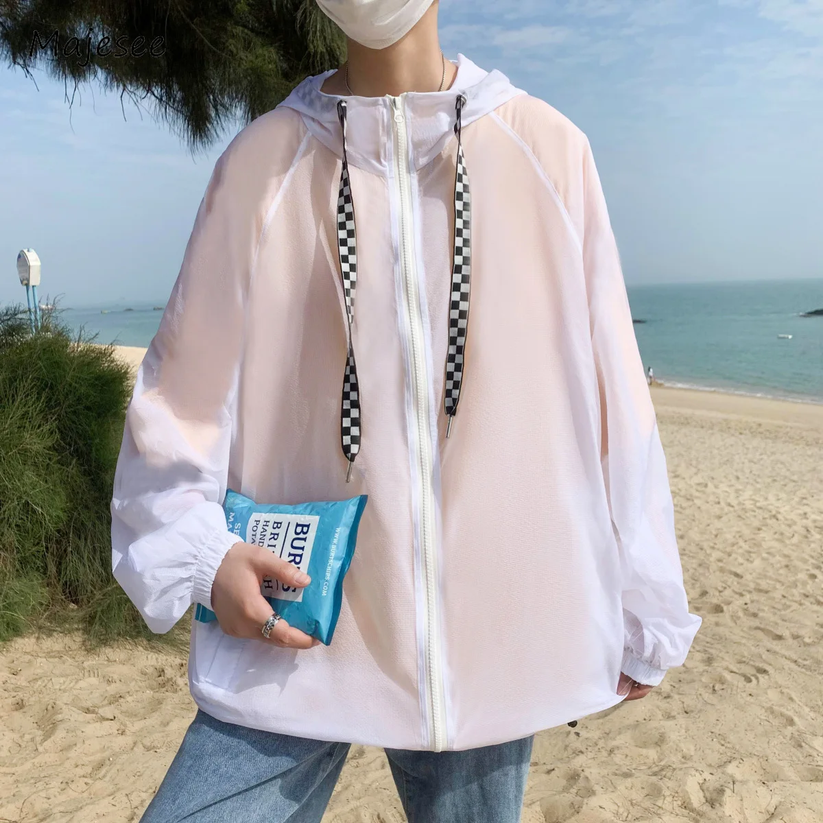 

Sheer Jackets Men Long Sleeve Sun-proof Hooded Lace-up Japanese Style Simple All-match Zipper Summer Outdoor Beache Vitality