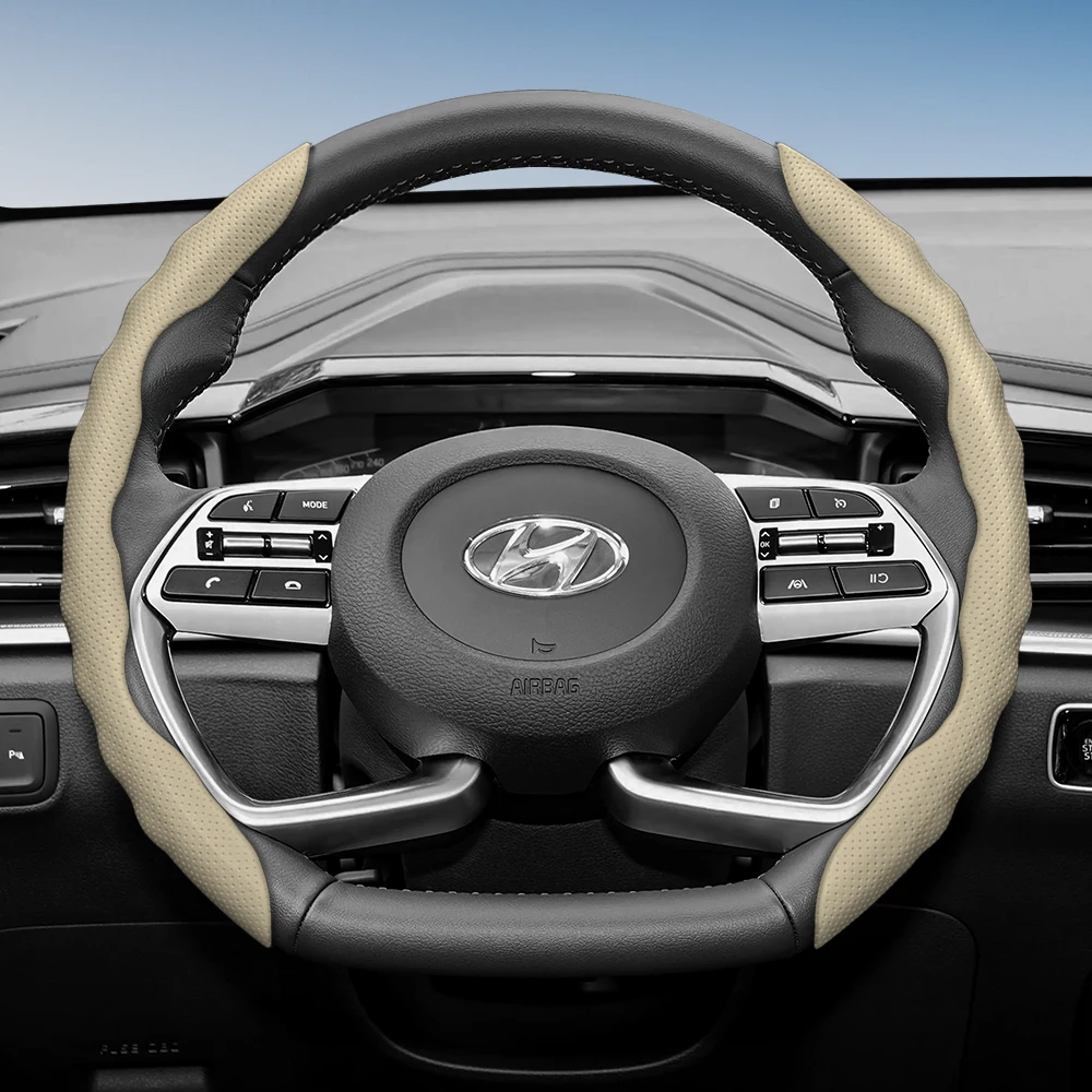Steering Wheel Cover with Wavy Sports Design - Breathable Leather, Segmented Anti-Slip, Sweat-Absorbing Protective Cover