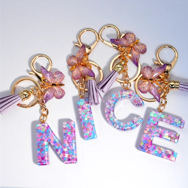 Shiny Purple Heart Sequin Resin Keychain Butterfly Tassel Pendant Keyring: A Fashionable Accessory for Women