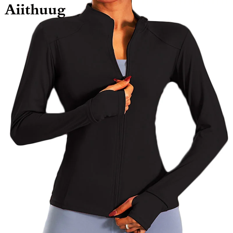 Women Sports Shirt Long Sleeves Running Breathable Gym Workout Yoga Jacket with Zipper Finger Holes