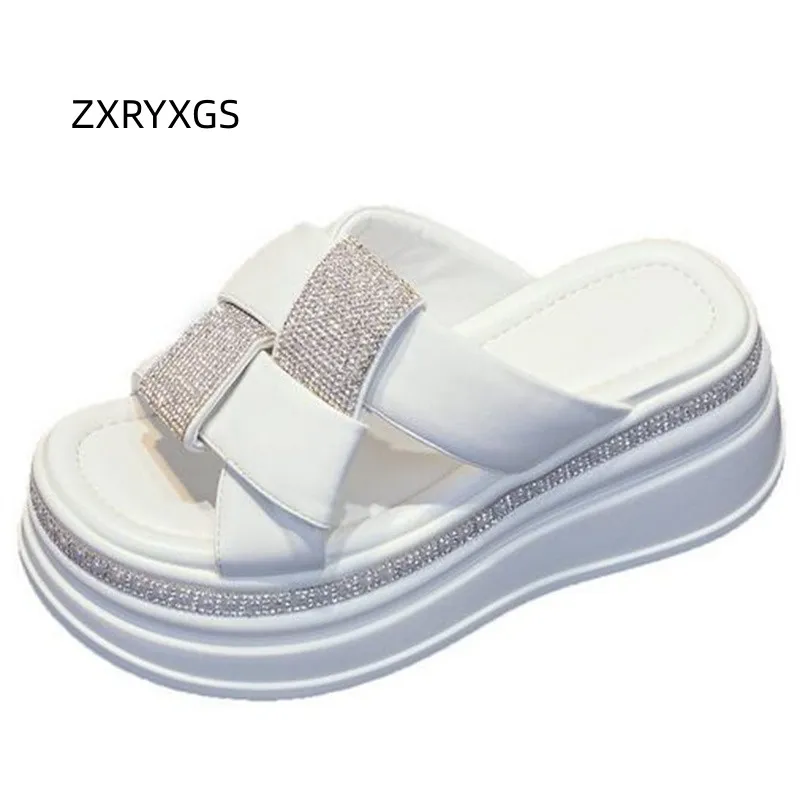 

ZXRYXGS 2023 Popular Cowhide Rhinestone Slippers Fashion Sandals Women Outwear Elegant Slippers Platform Wedges Increase Slipper