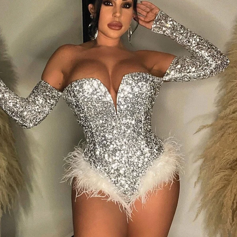 Silver Gold Sequin Feather Bodysuits Women Strapless Body Suit Tops Club Rompers Party Nightclub Sexy Bodycon Corset Jumpsuits