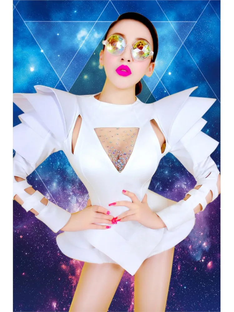 New Bar DJ Sexy Nightclub Singer Dance Clothing Fashion Shoulder One Piece White Costume For Lady