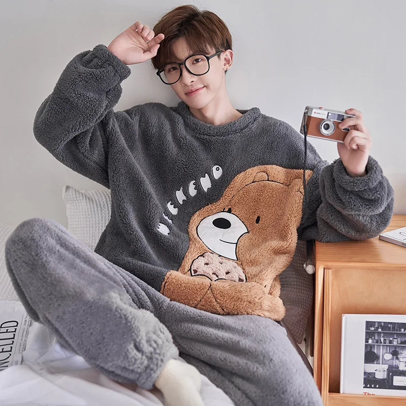 Winter Men's Coral Velvet Thickened Plush Warm Pajamas Round Neck Long Sleeve Pullover Cartoon Flannel Home Clothing Set
