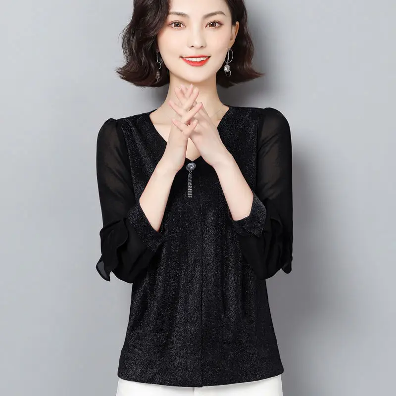 Thin Office Lady Chiffon Solid V-Neck Women Blouse Three-dimensional Decoration Butterfly Sleeve Women's Clothing Spring Summer