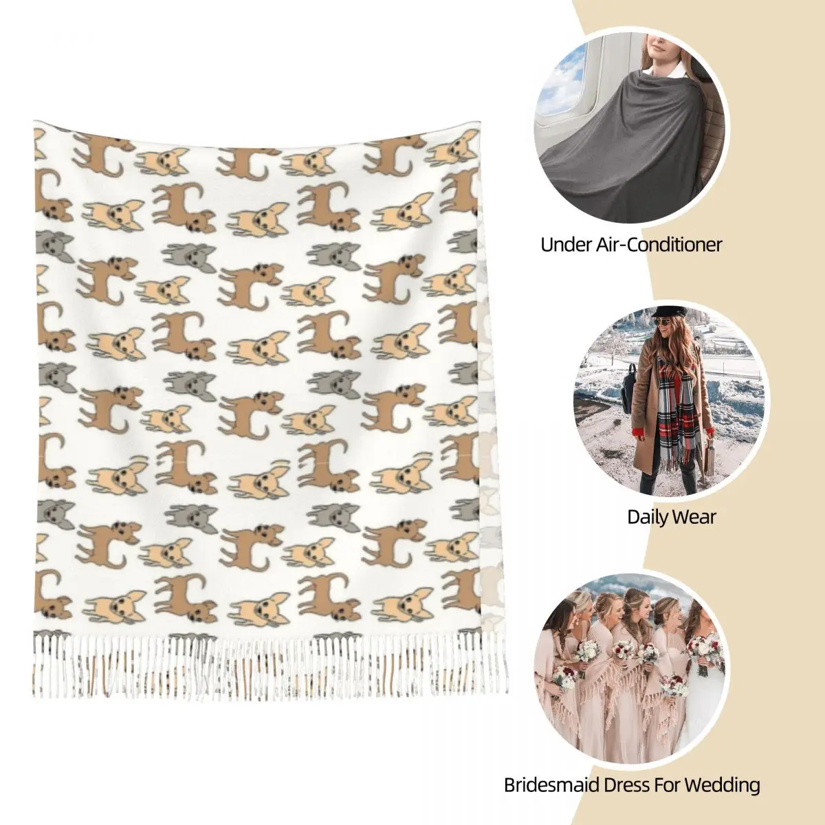 Women's Tassel Scarf Chihuahua Dog Long Soft Warm Shawl Wrap Cartoon cute animal Daily Wear Cashmere Scarf
