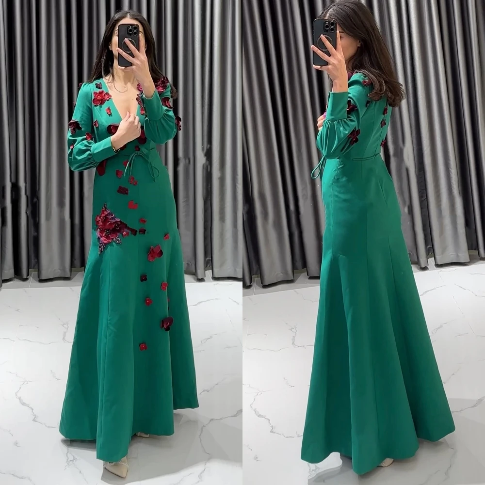 moroccan muslim evening dresses a line v neck long sleeves tulle flowers long luxury turkey dubai saudi arabia prom dress gown Prom Dress Saudi Arabia Prom Dress Saudi Arabia Satin Applique Cocktail Party A-line V-neck Bespoke Occasion Gown Long Dresses