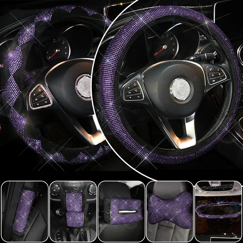 Luxury Purple Rhinestones Steering Wheel Cover Universal Car Interior Accessories Bling Decor Auto Key Case Handbrake Cover