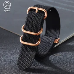 Rose Gold Buckle Woven Nylon Canvas Watch Band Strap Bracelet Accessories - 20mm (Black)