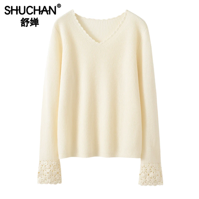 

Patchwork Crochet Sweater Women Long Sleeve Top New 2023 Autumn Winter Warm 100% Cashmere Sweater Women