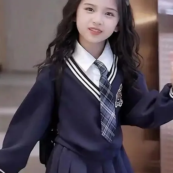 Navy blue College Style Fake two-piece sweater (single top + tie)