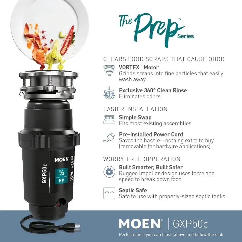 Moen GXP33C Lite Series PRO 1/3 HP Compact Continuous Feed Garbage Disposal for Kitchen Sink, Power Cord Included 3