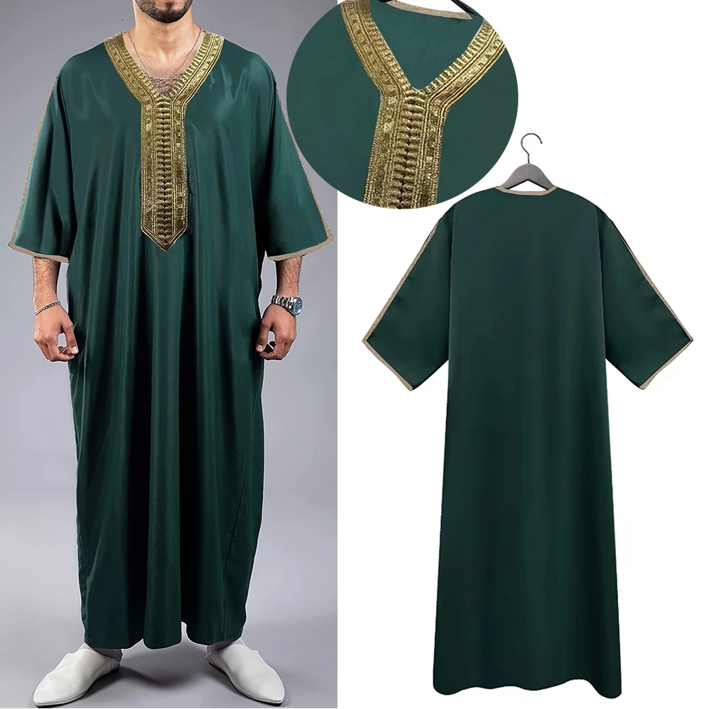 Muslim Men'S Robes Loose Straight Spring Summer Blouse Toga Solid Embroidery Patchwork Arab Middle Eastern National Costume - Image 4