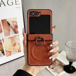 Luxury Lychee Pattern Leather MagSafe Wireless Charging Case with Ring Holder and Hinge Cover for Samsung zflip4 (Brown)